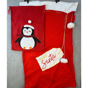 Christmas Santa Sack Set Of 2 Gift Bags Penguin And Santa Note Large Medium